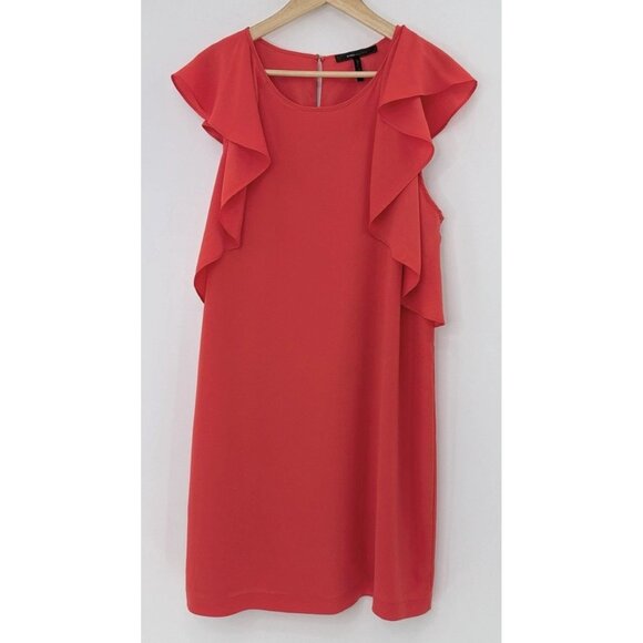 BCBGMAXAZRIA Red Orange Chiffon Flutter Sleeve Shift Dress Sz L Preppy Event - Picture 1 of 10
